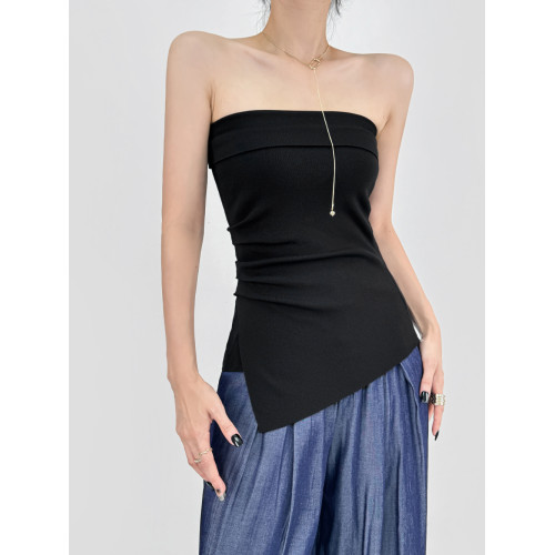 DOUBLE Z 一字肩針織抹胸女秋高級感不規則褶皺收腰上衣外穿打底