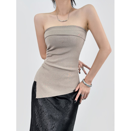 DOUBLE Z 一字肩針織抹胸女秋高級感不規則褶皺收腰上衣外穿打底