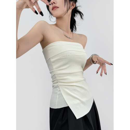 DOUBLE Z 一字肩針織抹胸女秋高級感不規則褶皺收腰上衣外穿打底