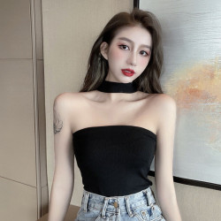 帶胸墊掛脖吊帶女設計感美式妹外穿黑色抹胸上衣夏季性感大碼背心