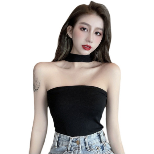 帶胸墊掛脖吊帶女設計感美式妹外穿黑色抹胸上衣夏季性感大碼背心