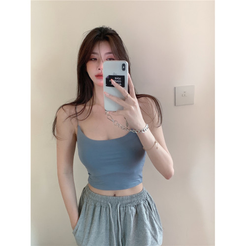 辣妹白色吊帶帶胸墊夏外穿低胸性感上衣緊身美背背心打底內搭女裝