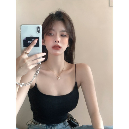 辣妹白色吊帶帶胸墊夏外穿低胸性感上衣緊身美背背心打底內搭女裝