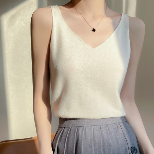 軟糯新款針織吊帶背心女修身白色西裝內搭春秋季打底V領無袖上衣