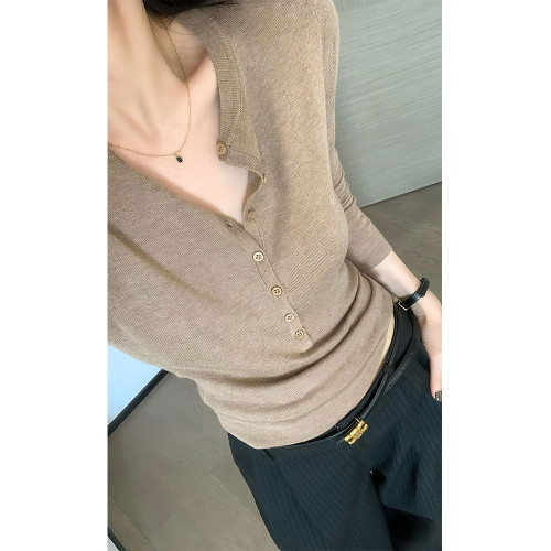 高級優雅紐釦天絲羊毛開衫上衣女洋氣早秋2025新款簡約軟糯打底衫