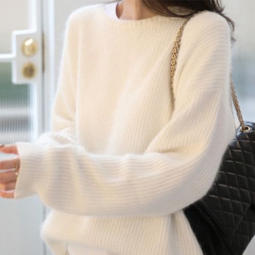韓版2025秋冬新款白色馬海毛毛衣懶慵風寬松套頭圓領打底針織衫女