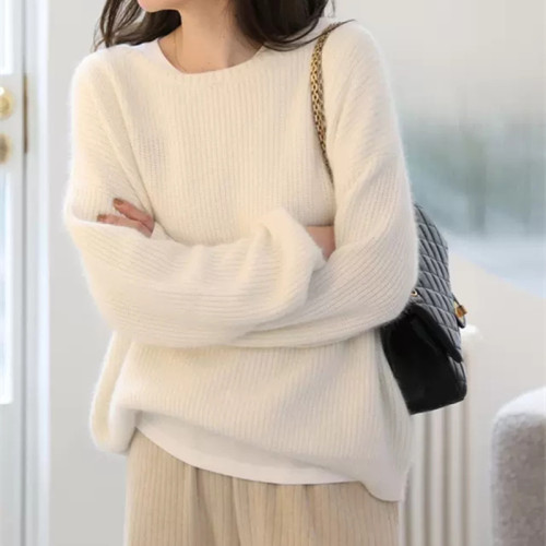 韓版2025秋冬新款白色馬海毛毛衣懶慵風寬松套頭圓領打底針織衫女