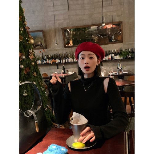 黑色半高領鏤空露肩針織打底衫女秋冬高級感氣質內搭修身顯瘦上衣