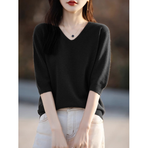 一線成衣春秋羊毛短袖女韓版五分袖V領毛衣套頭羊絨針織打底上衣 一線成衣春秋羊毛短袖女韓版五分袖V領毛衣套頭羊絨針織打底上衣