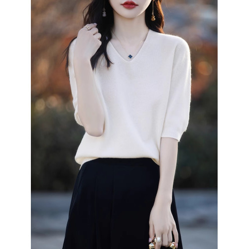 一線成衣春秋羊毛短袖女韓版五分袖V領毛衣套頭羊絨針織打底上衣 一線成衣春秋羊毛短袖女韓版五分袖V領毛衣套頭羊絨針織打底上衣