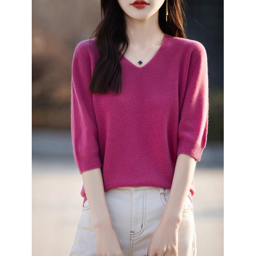 一線成衣春秋羊毛短袖女韓版五分袖V領毛衣套頭羊絨針織打底上衣 一線成衣春秋羊毛短袖女韓版五分袖V領毛衣套頭羊絨針織打底上衣