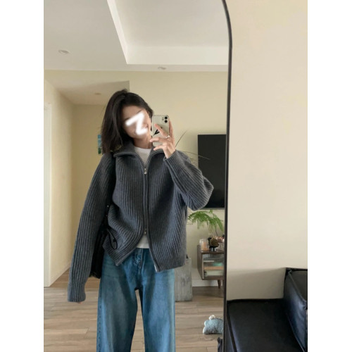 復古灰色翻領針織毛衣開衫外套女秋冬季寬松慵懶風外穿雙拉鍊高領 復古灰色翻領針織毛衣開衫外套女秋冬季寬松慵懶風外穿雙拉鍊高領