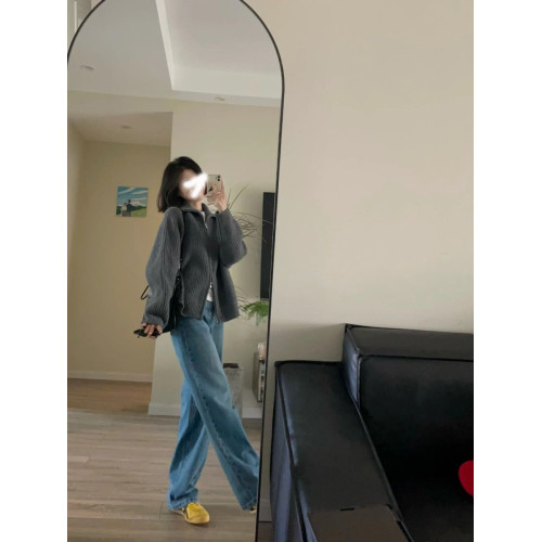 復古灰色翻領針織毛衣開衫外套女秋冬季寬松慵懶風外穿雙拉鍊高領 復古灰色翻領針織毛衣開衫外套女秋冬季寬松慵懶風外穿雙拉鍊高領