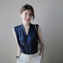 白色緞面真絲v領吊帶背心女春秋西裝內搭三醋酸無袖襯衣掛脖上衣