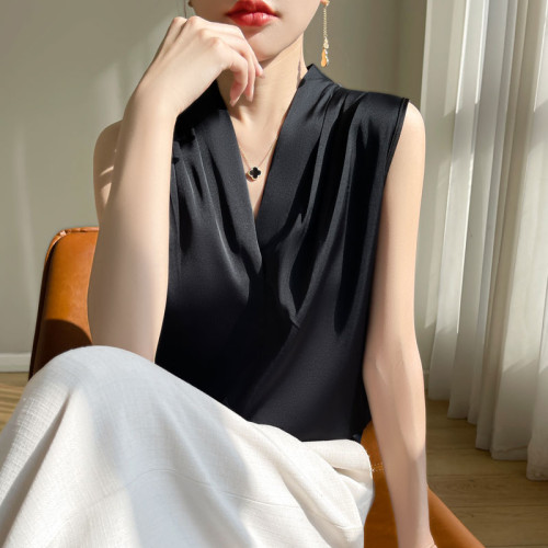 白色緞面真絲v領吊帶背心女春秋西裝內搭三醋酸無袖襯衣掛脖上衣