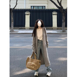 灰色中長款過膝毛衣外套女春秋冬季慵懶風加厚百搭針織衫開衫大衣