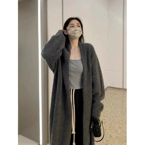 灰色中長款過膝毛衣外套女春秋冬季慵懶風加厚百搭針織衫開衫大衣