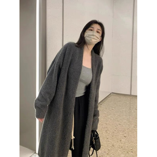 灰色中長款過膝毛衣外套女春秋冬季慵懶風加厚百搭針織衫開衫大衣
