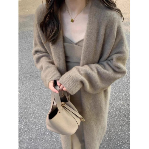 灰色中長款過膝毛衣外套女春秋冬季慵懶風加厚百搭針織衫開衫大衣