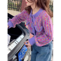 紫色毛衣女秋冬爆款法式小香風短款復古圓領外套長袖加厚針織開衫