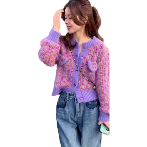 紫色毛衣女秋冬爆款法式小香風短款復古圓領外套長袖加厚針織開衫