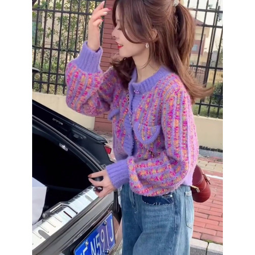 紫色毛衣女秋冬爆款法式小香風短款復古圓領外套長袖加厚針織開衫