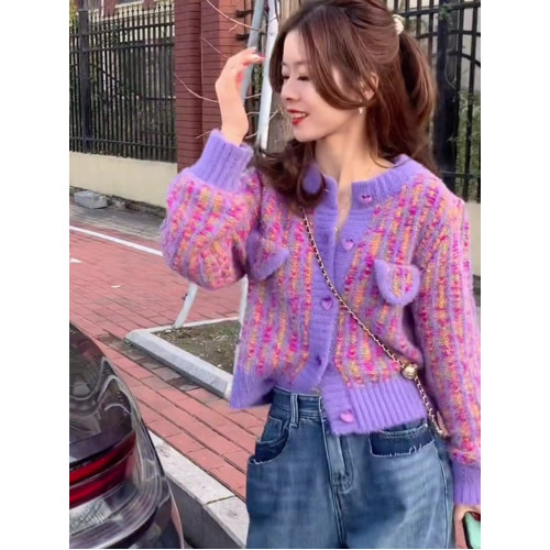 紫色毛衣女秋冬爆款法式小香風短款復古圓領外套長袖加厚針織開衫