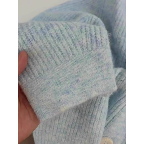 溫柔風奶藍混色v領坑條針織開衫女寬松軟糯秋冬季毛衣外套超好看