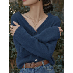 早秋v領針織開衫女法式復古寬松慵懶打底毛衣外套軟糯短款上衣女