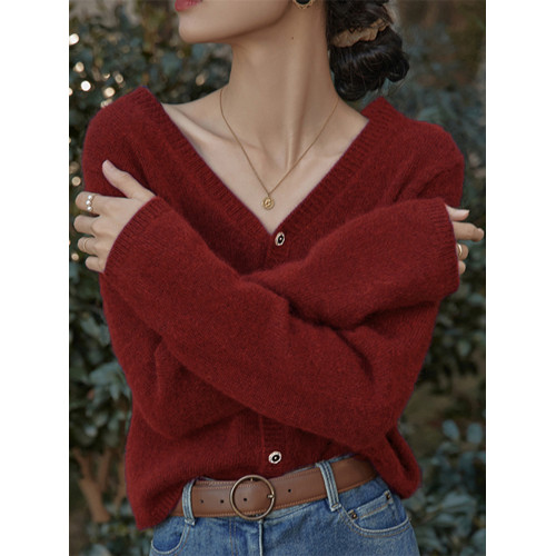 早秋v領針織開衫女法式復古寬松慵懶打底毛衣外套軟糯短款上衣女