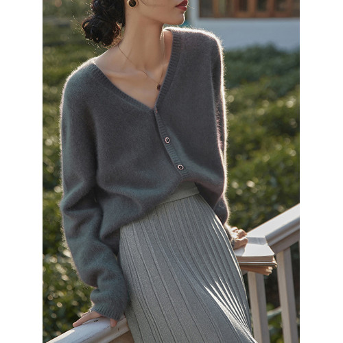 早秋v領針織開衫女法式復古寬松慵懶打底毛衣外套軟糯短款上衣女