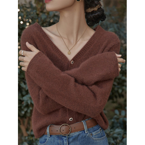 早秋v領針織開衫女法式復古寬松慵懶打底毛衣外套軟糯短款上衣女