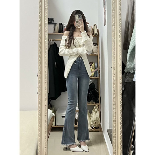 一字肩針織衫女設計感純欲風春秋冬性感辣妹收腰開叉修身長袖上衣