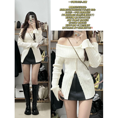 一字肩針織衫女設計感純欲風春秋冬性感辣妹收腰開叉修身長袖上衣