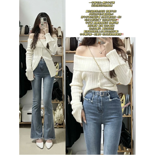 一字肩針織衫女設計感純欲風春秋冬性感辣妹收腰開叉修身長袖上衣