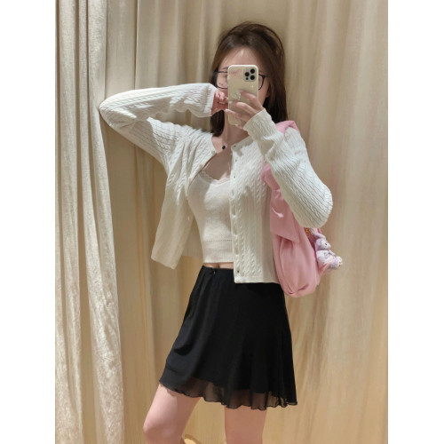 Brandy bm復古白色短款排釦麻花針織開衫毛衣外套純棉顯瘦上衣女