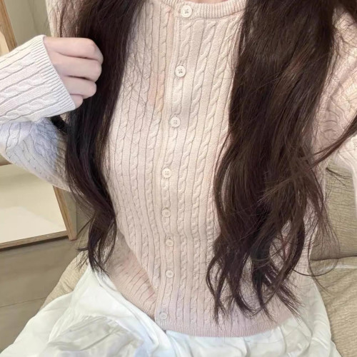 Brandy bm復古白色短款排釦麻花針織開衫毛衣外套純棉顯瘦上衣女