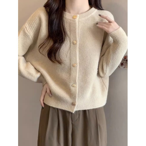 小香風華夫格圓領針織開衫毛衣女秋冬季新款軟糯純色百搭上衣外套