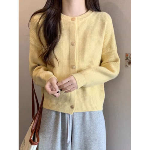 小香風華夫格圓領針織開衫毛衣女秋冬季新款軟糯純色百搭上衣外套