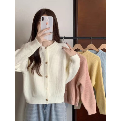 小香風華夫格圓領針織開衫毛衣女秋冬季新款軟糯純色百搭上衣外套