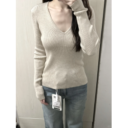 韓系chicV領露鎖骨長袖針織衫女秋裝新款修身顯瘦內搭打底衫上衣