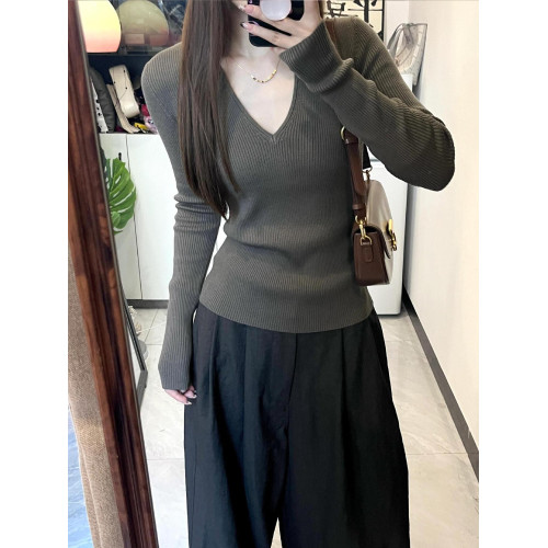 韓系chicV領露鎖骨長袖針織衫女秋裝新款修身顯瘦內搭打底衫上衣