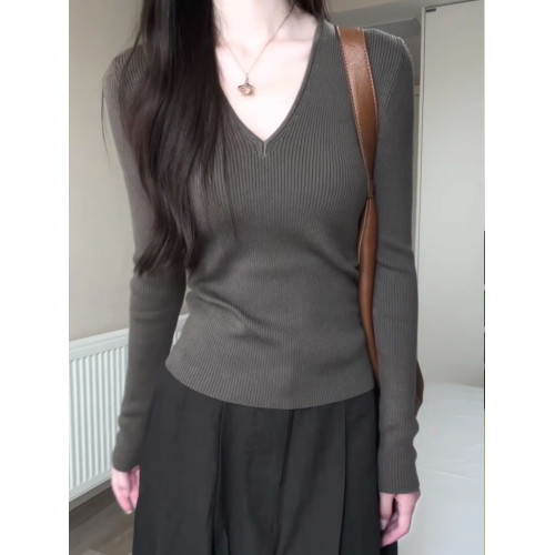 韓系chicV領露鎖骨長袖針織衫女秋裝新款修身顯瘦內搭打底衫上衣