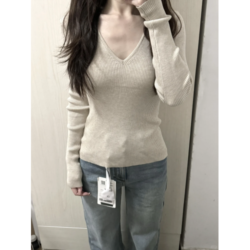 韓系chicV領露鎖骨長袖針織衫女秋裝新款修身顯瘦內搭打底衫上衣