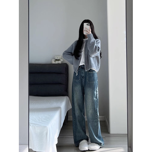 灰色短款毛衣外套女裝秋冬2025新款寬松加厚拉鍊開衫長袖針織上衣