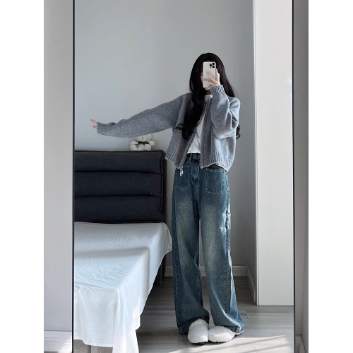 灰色短款毛衣外套女裝秋冬2025新款寬松加厚拉鍊開衫長袖針織上衣