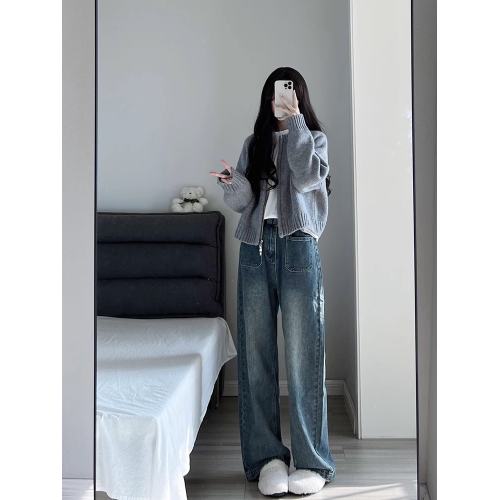 灰色短款毛衣外套女裝秋冬2025新款寬松加厚拉鍊開衫長袖針織上衣