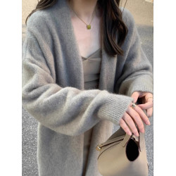 慵懶感小香風過膝中長款針織開衫女寬松甜美軟糯溫柔純色毛衣外套