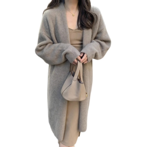 慵懶感小香風過膝中長款針織開衫女寬松甜美軟糯溫柔純色毛衣外套