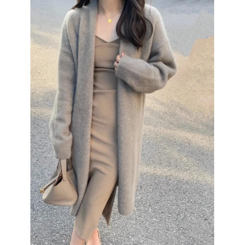 慵懶感小香風過膝中長款針織開衫女寬松甜美軟糯溫柔純色毛衣外套